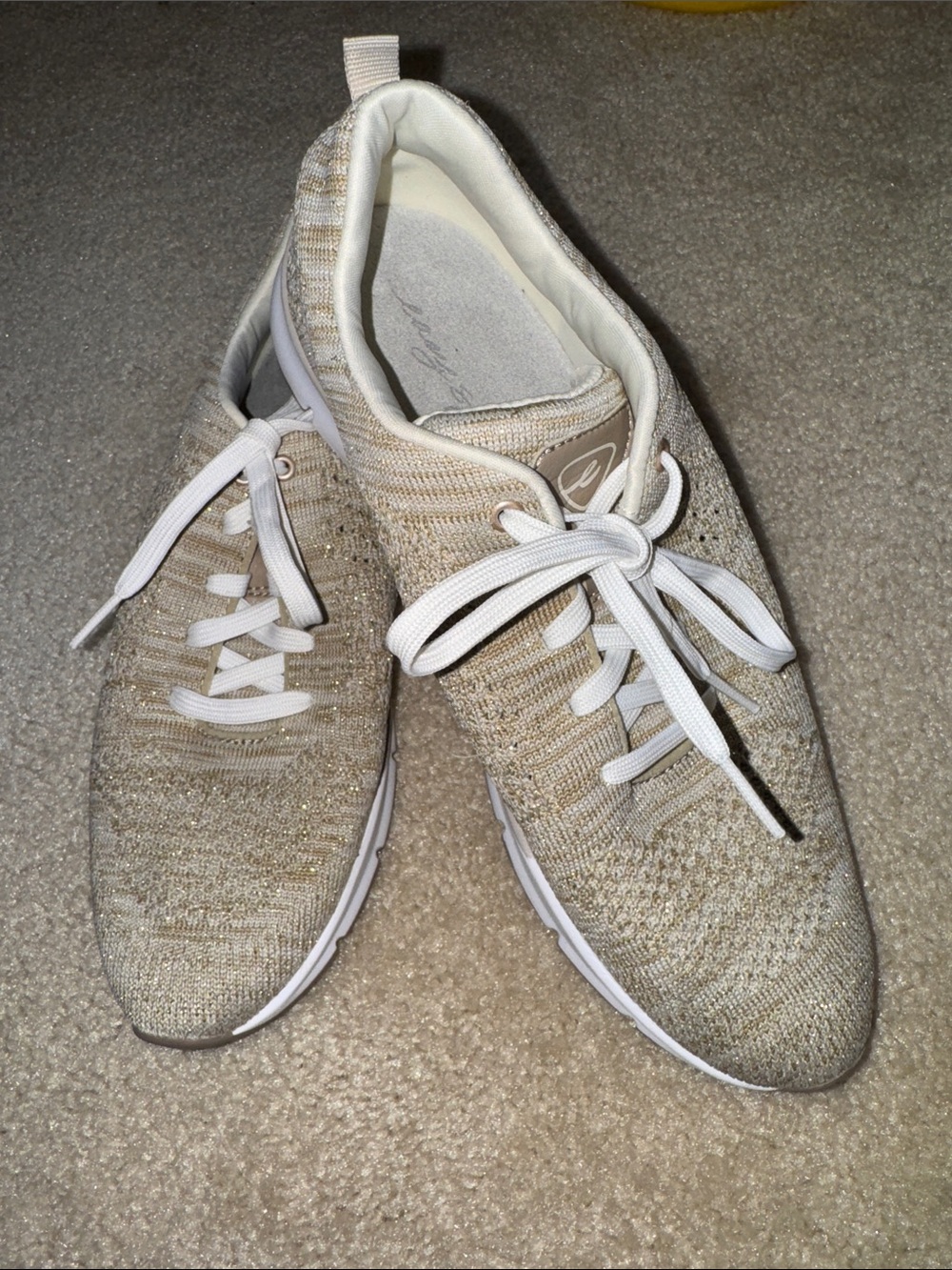 Easy Spirit Knit Lace-Up Sneakers Beige and White Gold Glitter Thread